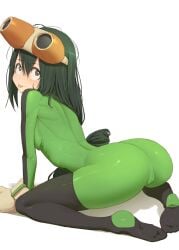 1girls ass big_ass bodysuit breasts butt cameltoe eye_contact feet female female_focus female_only green_hair hero_outfit_(mha) kuroneko_pantsu looking_at_viewer my_hero_academia skin_tight skindentation solo solo_female thick_thighs tsuyu_asui