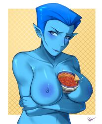 1girls alien areolae arms_folded arms_under_breasts blue_eyes blue_hair blue_lips blue_skin blush bowl chedra_bodzak chips_(food) deliciousbra extreme_dinosaurs female female_only large_breasts naked nipples object_between_breasts pointy_ears salsa short_hair