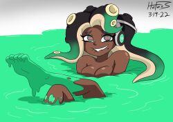 1girls biting_lip breasts dark-skinned_female female hefess ink looking_at_viewer marina_(splatoon) naked nintendo nude octoling sinking solo splatoon splatoon_2 tagme