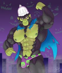 1boy anthro ape armpit_hair body_hair bulge cape cartoon_network chimpanzee clothing ear_piercing genital_outline haplorhine hi_res jabuhusky looking_at_viewer macro male male_only mammal mojo_jojo muscular nipple_piercing nipples penis_outline piercing powerpuff_girls primate smile smirk solo