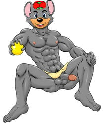 abs anthro anthro_only chuck_e_cheese chuck_e_cheese_(franchise) front_view grey_fur male male_only mascot mouse muscular_male penis smile solo tagme toony