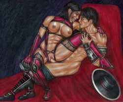 1boy 1girls 2d black_hair clothed_female clothed_sex edithemad fangs hat kung_lao mileena mileena_(mk9) mortal_kombat mortal_kombat_(2011) penis sex tagme tarkatan vaginal_sex