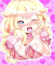 blush bra breasts large_breasts lingerie mario_(series) nintendo nippleless_bra nipples princess_peach smile straight_hair underwear wink yukimimi