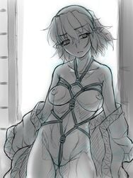 blush bondage bondage_under_clothes breasts crotch_rope female femsub hidden_bondage mizuhashi_parsee nipples nude ootsuki_wataru pointy_ears rope rope_harness shibari shibari_under_clothes short_hair sketch solo touhou undressing