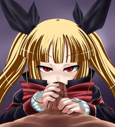 1boy 1girls blazblue blonde_hair blowjob dark-skinned_male fellatio looking_at_viewer pov rachel_alucard red_eyes tagme twintails