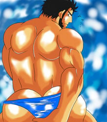 1boy ass back back_muscles back_view bara beard big_ass big_butt big_muscles blue_panties blue_sky blue_speedo blue_swimwear bubble_ass bubble_butt color dilf facial_hair huge_ass huge_butt human human_only looking_back male male_focus male_only mature mature_male muscles muscular muscular_back muscular_male naruto naruto_(series) panties panties_only round_ass round_butt sarutobi_asuma shiny_skin solo solo_focus solo_male speedo speedo_only sweat sweatdrop swimwear swimwear_only tanned tanned_skin