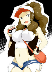 brown_hair erect_nipples female female_only hilda_(pokemon) human loungena midriff nintendo pokemon pokemon_bw solo unzipped