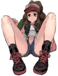 baseball_cap boots brown_hair denim denim_shorts female female_only green_eyes hat hilda_(pokemon) human kasutaso laced_boots nintendo no_panties open_fly open_shorts pokemon pokemon_bw pussy_peek shorts simple_background solo spread_legs undressing unzipped upshorts