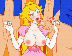 blonde_hair blush breasts chonmage_(greatcup) clothes color crown dress ear_piercing elbow_gloves female gloves hair handjob human interspecies licking long_hair male mario_(series) multiple_males multiple_penises mushroom_penis nintendo nipples penis piercing princess_peach straight straight_hair tagme testicles toad_(mario)