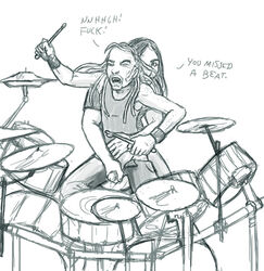 2boys balding cymbals dethklok dreadlocks drum_set drumsticks eyebrow_piercing facial_hair gay gearsmoke handjob holding_penis long_hair male_only metalocalypse nathan_explosion pants_open penis pickles_the_drummer precum_drip reach_around stroking_cock white_background