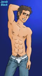 1boy brockyaoi brown_hair jacob_black looking_at_viewer male male_only pubes pubic_hair short_hair simple_background smile solo the_twilight_saga