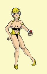 breasts clothes color elesa_(pokemon) elesa_(pokemon_bw) female female_only front_view gym_leader holding human human_only jackazz123 nintendo nipples poke_ball pokemon pokemon_bw solo source_request