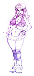 beanie big_lips bimbo blush boots breasts busty cleavage clothes dawn_(pokemon) female female_only front_view hat human microskirt monochrome nipple_bulge oppaiman pokemon sketch solo standing tagme voluptuous whale_tail