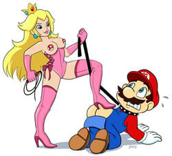 ass breasts clothes color crown ear_piercing erin_middendorf female femdom gloves hat human leash male mario mario_(series) nintendo pasties piercing princess_peach side_view straight_hair tagme