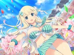 :o aqua_bra aqua_eyes aqua_skirt blonde_hair bra breasts cheerleader cleavage large_breasts long_hair midriff miniskirt navel open_shirt panties pom_poms ribbons scrunchie senran_kagura thighs tied_shirt yaegashi_nan yomi_(senran_kagura)