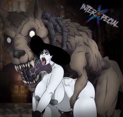 1girls 2d alcina_dimitrescu ambiguous_penetration areolae breasts canine crossover dog elden_ring feral fromsoftware giant_dog_(elden_ring) hat huge_breasts interxpecial licking milf monster nipples resident_evil resident_evil_8:_village size_difference zoophilia