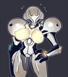 arm_cannon armor_removed armored_samus blush blush_visible_through_clothes breasts breasts_out breasts_out_of_clothes cameltoe crap-man embarrassed female female_only glowing_body glowing_breasts hand_on_hip highres large_breasts light_suit metroid metroid_prime_2:_echoes nintendo power_armor power_suit rariatto_(ganguri) samus_aran sweatdrop tomboy weapon