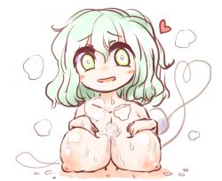 :d alternate_breast_size bangs blush_stickers breast_suppress breasts bright_pupils collarbone completely_nude cum cum_on_body cum_on_breasts eyeball eyebrows_visible_through_hair female furrowed_brow green_eyes green_hair hair_between_eyes heart heart_of_string highres koishi_komeiji large_breasts looking_at_viewer medium_hair nipples no_hat no_headwear nude open_mouth paizuri penis shishamo_furai simple_background smile solo_focus straight third_eye touhou upper_body wavy_hair white_background