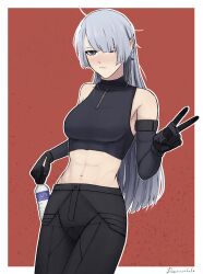 abs ak-15_(girls'_frontline) artist_name bangs black_gloves black_pants black_tank_top blush bottle breasts closed_mouth crop_top darkpulsegg elbow_gloves eyebrows_visible_through_hair feet_out_of_frame female girls'_frontline gloves hair_between_eyes hair_over_one_eye highres holding holding_bottle leaning_back long_hair looking_at_viewer medium_breasts navel pants purple_eyes silver_hair simple_background solo standing tank_top v water_bottle