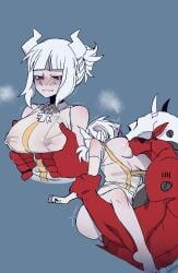 breast_sucking breastfeeding dressed female forced helltaker lactating lactation lactation_through_clothes lucifer_(helltaker) nipple_suck ratatatat74 size_difference subject_67_(helltaker) white_hair