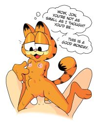 2022 anthro anthro_focus anthro_penetrated bodily_fluids cowgirl_position domestic_cat duo english_text erection faceless_character faceless_human faceless_male felid feline felis female female_focus female_on_human female_penetrated flat_chested from_front_position fur garfield_(series) garfield_the_cat genitals half-closed_eyes hi_res human human_on_anthro human_penetrating human_penetrating_anthro interspecies jon_arbuckle male male/female male_on_anthro male_penetrating male_penetrating_female mammal mtf_crossgender narrowed_eyes nipples nude on_bottom on_top orange_body orange_fur paramount_pictures paws,_inc. penetration penile penile_penetration penis penis_in_pussy ponporio_(artist) pussy rule_63 sex solo_focus stomach_bulge sweat text thought_bubble vaginal_penetration