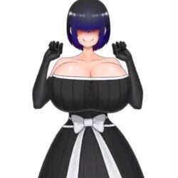 1girls akiranime animated big_breasts black_dress black_hair bouncing_breasts cleavage clothed clothing covered_eyes gloves goth huge_breasts massive_breasts purple_hair solo tagme voluptuous white_background white_bow