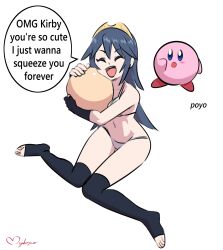 2girls absurdres bikini blue_eyes blue_hair blush_stickers bra crossover english_text fire_emblem fire_emblem_awakening highres hug kirby kirby_(series) long_hair lucina_(fire_emblem) metroid myahogao nintendo panties samus_aran simple_background small_breasts smile speech_bubble super_smash_bros. swimsuit text thighhighs tiara white_background white_panties