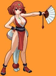 1girls 3reforged arm_guards big_sister bouncing_breasts breasts cosplay fatal_fury female folding_fan hand_fan king_of_fighters large_breasts looking_at_viewer mai_shiranui_(cosplay) milf ninja no_bra no_panties no_underwear nude_underneath onee-chan pelvic_curtain pixel_art pyra revealing_clothes sideboob solo xenoblade_chronicles_(series) xenoblade_chronicles_2