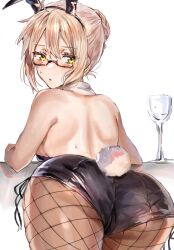 ahoge animal_ears artoria_pendragon artoria_pendragon_(fate) ass back bangs black_leotard blonde_hair blush braid breasts brown_legwear bunny_ears bunnysuit cup detached_collar drinking_glass fake_animal_ears fake_tail fate/grand_order fate_(series) female fishnet_legwear fishnets french_braid glasses hair_between_eyes hair_bun highleg highleg_leotard highres inusaka leotard long_hair looking_at_viewer looking_back medium_breasts mysterious_heroine_x_(alter) mysterious_heroine_x_alter_(fate) open_mouth pantyhose playboy_bunny rabbit_ears rabbit_tail sidelocks solo strapless strapless_leotard tail thighs yellow_eyes