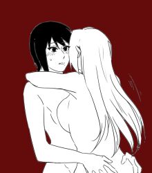 2girls arms_around_neck artist_request black_eyes black_hair blush breast_press breast_size_difference breasts embrace faceless_female female female/female female_only hands_on_ass hug long_hair looking_at_another looking_at_partner monochrome multiple_girls naked naruto naruto_(series) naruto_shippuden red_background shizune shoulder_length_hair simple_background small_breasts teacher_and_student tsunade upper_body very_long_hair yuri