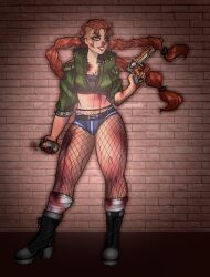 1girls blood blood_stain boots commission gun jacket jesse_valentine_(hawk) long_hair orange_eyes orange_hair pinup post_fight spicy_vanilla tri_tails triple_tails weapon