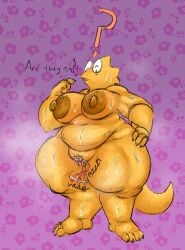 alphys anthro belly big_belly big_breasts big_nipples bodily_fluids breasts cellulite chubby_female deltarune dialogue fat feet female female_only hi_res kentuckiyucki masturbation musk navel nipples question_mark sex_toy solo solo_female sweat sweatdrop thick_tail toes undertale undertale_(series) vibrator video_games wide_hips