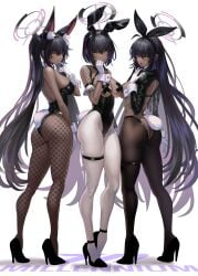 3girls absurd_res alternate_hairstyle animal_ear_fluff animal_ears ass b-pang bangs bare_shoulders black_hair black_hairband black_legwear black_pasties blank_background blouse blue_archive breasts bunny_ears bunny_girl bunny_tail bunnysuit butt_crack closed_mouth dark-skinned_female dark_hair dark_skin detached_collar exposed_back eyebrows_visible_through_hair fake_animal_ears female female_only fishnet_top fishnets full_body gloves gradient_hair hair_between_eyes hairband halo high_heels highres karin_(blue_archive) karin_(bunny)_(blue_archive) karin_(bunny_girl)_(blue_archive) large_breasts latex leotard long_hair long_sleeves looking_aside looking_at_viewer looking_back looking_back_at_viewer meme_clothing multicolored_hair multiple_girls multiple_views official_alternate_costume open_mouth pantyhose pasties playboy_bunny rabbit_ears reverse_bunnysuit reverse_outfit round_ass round_butt shirt short_hair shrug_(clothing) simple_background skimpy_clothes sleekite strapless strapless_leotard streaked_hair tail thigh_strap thighhighs thighs very_long_hair white_background white_gloves white_legwear wrist_cuffs x_pasties yellow_eyes