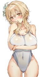 bangs blonde_hair blush breasts cleavage female flower genshin_impact hair_flower hair_ornament highres inusaka large_breasts lumine_(genshin_impact) medium_hair one-piece_swimsuit see-through_swimsuit short_hair_with_long_locks solo swimsuit white_background white_flower white_swimsuit yellow_eyes