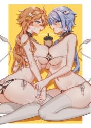 2girls absurdres alternate_costume anger_vein animal_ears animal_print ass bangs bell bikini blue_eyes blue_hair blush breast_press breasts bubble_tea_challenge childe_(genshin_impact) cow_ears cow_girl cow_print cow_print_bikini cow_tail crow_3434 cup disposable_cup ear_tag from_side genderswap_(mtf) genshin_impact hair_between_eyes heart highres kamisato_ayato large_breasts long_hair mole mole_under_mouth moo_bitch multiple_girls neck_bell open_mouth orange_hair profile rule_63 side-tie_bikini simple_background swimsuit symmetrical_docking tail tartaglia_(genshin_impact) tears thighhighs two-tone_background white_legwear