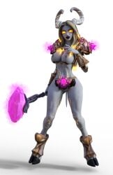 3d armor bbdworks blizzard_entertainment breasts draenei female glowing glowing_eyes glowing_markings hi_res hooves horn humanoid lipstick makeup markings solo video_games warcraft weapon yanina(bbdworks)