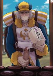 1boy bara boner circumcised cum cum_jar embarrassed erect_penis erection fully_clothed ginter_(pokemon) hard_on human_only jerking jerkingoff lilprincyvi male_only masturbating masturbation outdoors outside pokemon precum precum_drip silver_hair