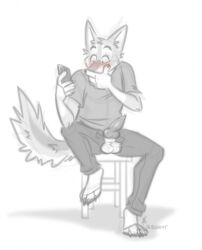 animal_genitalia anthro balls blush canid canine canis clothed clothing coyote embarrassed erect genitals hi_res knot male mammal nicnak044 penis sheath sketch solo surprise