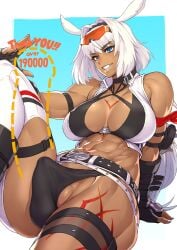 1futa abs arm_support balls belt belt_buckle big_breasts bikini black_hair black_headband blue_background blue_eyes border breasts buckle caenis_(fate) caenis_(swimsuit_rider)_(fate) chest_tattoo clothed clothing commentary dark-skinned_futanari dark_skin eyebrows_visible_through_hair eyewear_on_head fate/grand_order fate_(series) fingerless_gloves flaccid futa_only futanari gloves grey_hair grin hair_between_eyes headband humanoid large_breasts leg_tattoo long_hair looking_at_viewer mikoyan mostly_nude muscular muscular_futanari navel parted_lips penis short_hair simple_background sitting sleeveless smile solo speech_bubble stomach_tattoo sunglasses swimsuit tattoo teeth text two-tone_background white_border