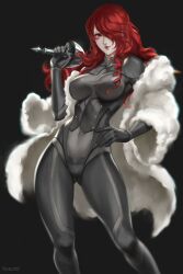 atlus bodysuit breasts clothed clothing female fur_coat mitsuru_kirijo persona persona_3 ragecndy red_eyes red_hair solo tagme