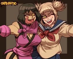 2d big_breast blonde_hair breast castleart crazy_eyes crossover dark_hair eastern_and_western_character fangs female female/female female_only himiko_toga hugging light-skinned_female light_skin mature_female mileena monster_girl mortal_kombat mortal_kombat_11 my_hero_academia netherrealm_studios nightmare_waifu pale_skin schoolgirl_uniform selfie sharp_teeth smiling smiling_at_viewer teeth tongue tongue_out villainess yellow_eyes