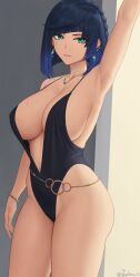 1girls 2022 arm_up armpits artist_signature black_hair breasts cleavage female female_only genshin_impact green_eyes highleg_swimsuit hips huge_breasts indoors one-piece_swimsuit short_hair slim_waist swimsuit thick_thighs thighs wide_hips yelan_(genshin_impact) zaphn