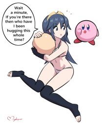 2girls absurdres bikini blue_eyes blue_hair blush_stickers bra crossover english_text fire_emblem fire_emblem_awakening highres hug kirby kirby_(series) long_hair lucina_(fire_emblem) metroid myahogao nintendo panties samus_aran simple_background small_breasts speech_bubble super_smash_bros. swimsuit text thighhighs tiara white_background white_panties