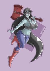 adventure_time bass_guitar black_hair boots clothed crop_top grey_skin guitar jeans long_hair marceline marceline_abadeer pink_eyes pointy_ears sharp_teeth smile vampire