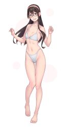 alternate_costume ass_visible_through_thighs bare_arms bare_legs bare_shoulders barefoot bikini blush brown_hair feet female full_body glasses green_eyes grin groin hairband hands_up highleg highleg_bikini highres kantai_collection long_hair looking_at_viewer ooyodo_(kantai_collection) skindentation smile solo string_bikini swimsuit toes white_background white_bikini yuuji_(and)