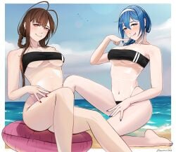 2girls alternate_costume artist_name bangs bare_legs bare_shoulders barefoot beach bikini black_bikini black_swimsuit blue_hair blue_nails blue_sky blush braid braided_ponytail breasts brown_hair cleavage closed_mouth collarbone darkpulsegg dp-12_(girls'_frontline) dsr-50_(girls'_frontline) eyebrows_visible_through_hair feet_out_of_frame girls'_frontline grey_eyes gris_swimsuit hair_ornament hairband highres licking_lips lips long_hair looking_at_viewer medium_breasts meme_attire multiple_girls nail_polish navel ocean one_knee red_eyes red_nails simple_background sitting sky swimsuit tongue tongue_out