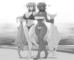 2d 2d_(artwork) 2girls abs albry_(zzzhodazzz) beach belly big_breasts bikini black_and_white breasts cleavage dark_skin female_only fish heart kyurby_(zzzhodazzz) marlin monochrome ocean original sweat tagme thick_thighs thighs wet yuri zzzhodazzz