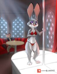 absurd_res anthro bikini blush canid canine canis clothed clothing disney duo female fox hi_res judy_hopps lagomorph leporid link6432 mammal nick_wilde rabbit simple_background smile solo stripper_pole swimsuit swimwear zootopia