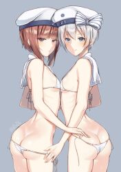 2girls :< ass ass_cleavage assisted_exposure bangs beret bikini blue_eyes bow breast_press breasts brown_hair butt_crack character_name closed_mouth clothes_writing cowboy_shot detached_collar embarrassed eyebrows eyebrows_visible_through_hair eyelashes from_behind hairbow hat kantai_collection looking_back micro_bikini multiple_girls pulled_by_another ribs sailor_bikini sailor_collar sailor_hat short_hair side-tie_bikini sideboob silver_hair simple_background small_breasts smile smiley_face string_bikini striped striped_bow swimsuit symmetrical_docking twitter_username underboob undressing untying very_short_hair white_bikini white_bow white_headwear white_sailor_collar you06 z1_leberecht_maass_(kantai_collection) z3_max_schultz_(kantai_collection)