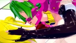 2girls 3d 69 anal animated anus ass black_legwear blonde_hair blue_eyes bondsheet boots bouncing_breasts breast_grab breast_sucking breasts cleft_of_venus cunnilingus dildo double_dildo grabbing green_hair high_heel_boots high_heels knee_boots large_breasts long_hair marino mega_man mega_man_x merti moaning multiple_girls nail_polish nipples object_insertion oral pole_dancing pussy sex_toy sound stripper_pole tan tanline thigh_boots thighhighs video webm yuri